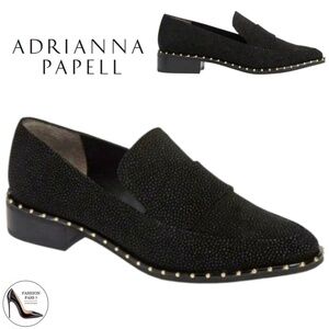 ADRIANNA PAPELL Prestyn Studded Loafers Black Sea Ray Leather block heel Shoes 8